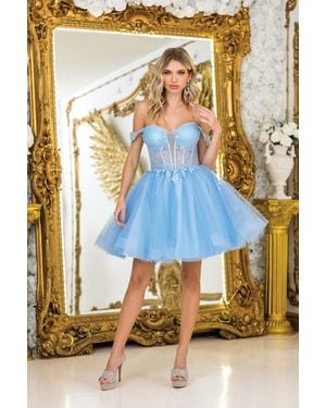DQ Dress With Off-Shoulder Design, Sheer Corset Bodice, Embroidered Lace Applique, And Layered Tulle Skirt - Metallic
