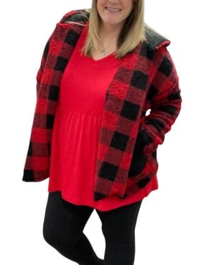 Honeyme Buffalo Plaid Sherpa Sweater Jacket - Red