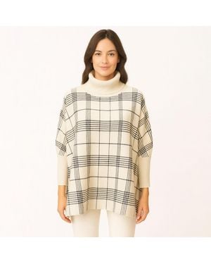 TRUEDAMES Checkered Turtleneck Knit Poncho - Natural