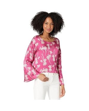 Chaser Brand Top Floral Bell Sleeve Back Slit Cropped Blouse Jzz395 - Pink