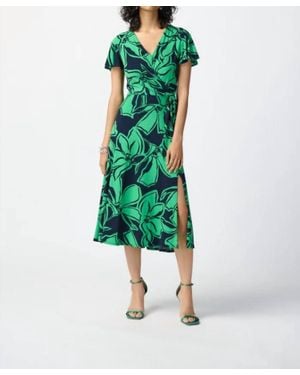 Joseph Ribkoff Floral Print Silky Knit Flowy Midi Wrap Dress - Green