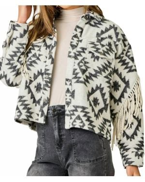 Mystree Aztec Fringe Shacket - Gray