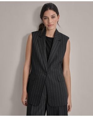 DKNY One Button Vest P Petite Striped Notch Lapel Collared Fts1256 - Black