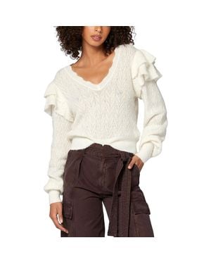 Joie Ruffled V-Neck Pullover Sweater - White