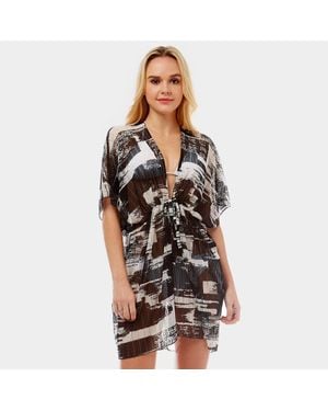 TRUEDAMES Abstract Blocks Waist Cover-Up Kaftan Poncho - Black
