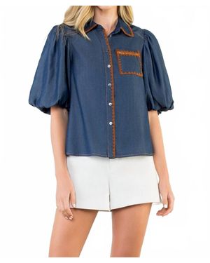 Thml Puff Sleeve Denim Button Up Top - Blue