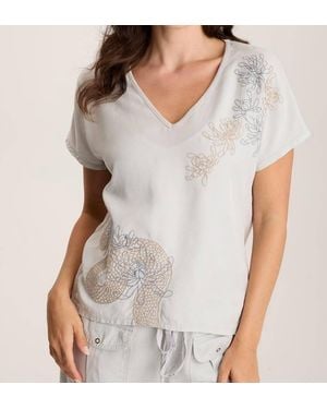 XCVI Jolina Twill V-Neck Embroidered Tee - White