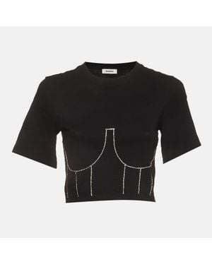 Sandro Rhinestone Embellished Knit Strassy Bustier Crop Top - Black
