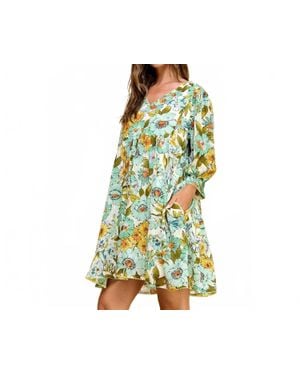 Veveret Retro Chic Polka Dot Flower Babydoll Dress - Green