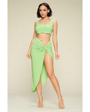 TRUEDAMES Summer Days Solid Crop Top & Split Thigh Twist Slit Skirt Set - Green