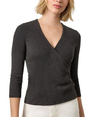 Lilla P Ribbed Slub 3/4 Sleeve Surplice - Black