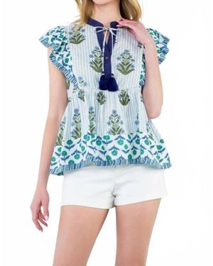 Thml Got The Blues Flutter Sleeve Floral Tassel Tie Top