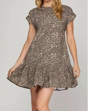 She + Sky Folded Cuff Drop Sleeve Woven Twill Washed Leopard Print Dress - Gray