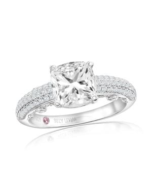 Suzy Levian Sterling Cushion Cut Cubic Zirconia Pave Engagement Ring - Metallic