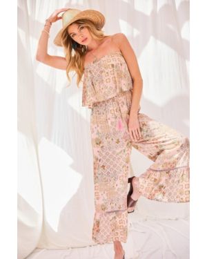 TRUEDAMES Tube Top With Tier Ruffle Waist Elastic Bottom Lace Trim Jumpsuit - Pink