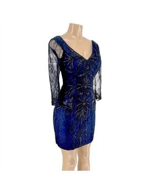 Sue Wong V-Neck Lace Dress - Blue