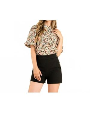 Thml Floral Print Puff Sleeve High Neck Top With Short Sleeve - Black