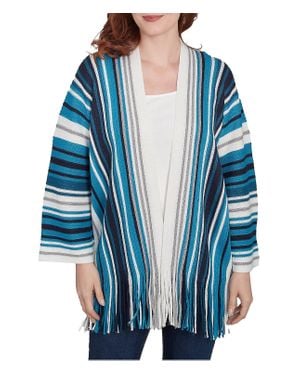 Ruby Rd. Metallic Striped Long Sleeve Fringed Hem Open-Front Cardigan - Blue