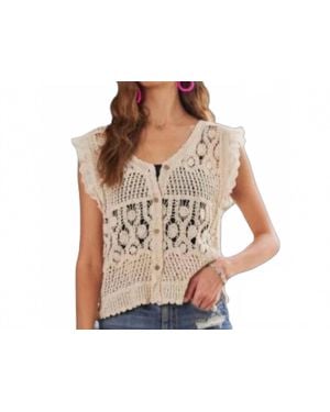 Pretty Bash Crochet Ruffle Sleeve Button-Down Vest Top - Black