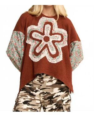 Davi & Dani Waffle Knit Floral-Sleeve Top - Brown
