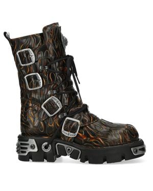 New Rock M-591-C62 Mid-Calf High Flame Leather Metallic Gothic Boots - Black