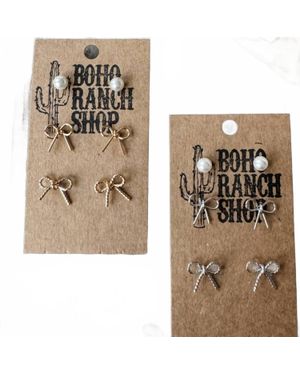 Boho Ranch Coquette Bow & Pearl Stud Earring Set - Natural