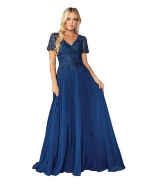 DQ Lace-Embellished Bodice Chiffon Gown With Short Sleeves And V-Neckline Prom Dress - Blue