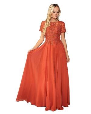 DQ Lace-Embellished Chiffon Gown With Cap Sleeves And Gathered Waist Prom Dress