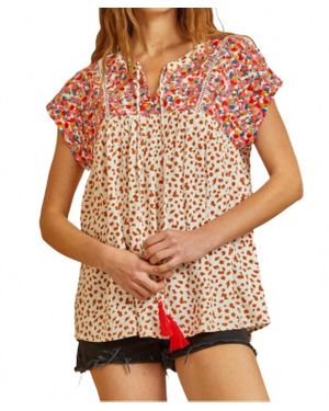 Little Daisy Closet Embroidery Detail Split Neck Blouse - Multicolor