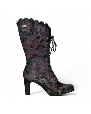 Laura Vita Alcbane 0351 Floral Gothic Victorian Leather Heeled High Boots - Black