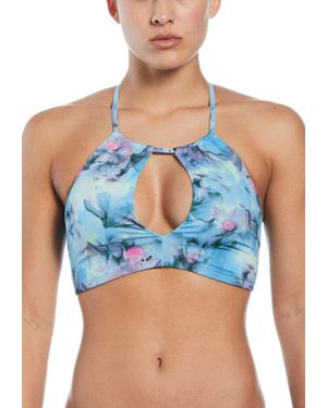 Nike Bikini Top Aqua Floral Keyhole Neck Tie Back Swimwear Srt164 - Blue