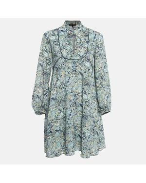 Maje Printed Crepe Neck Tie-Up Mini Dress - Blue