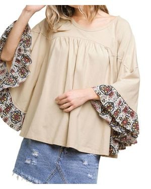 Umgee Medallion Ruffled Bell Sleeve Top - Natural