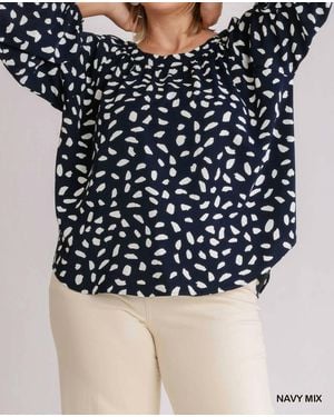 Umgee Animal Print Round Neck Long Sleeve Top - Blue