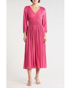 Tahari Ruched V Neck 3/4-Sleeve Midi Dress - Pink