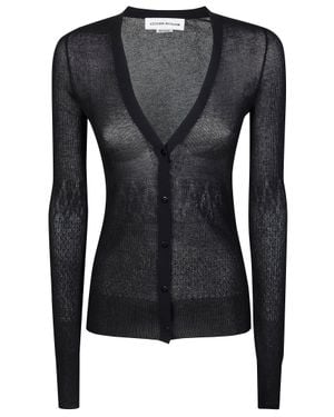 Victoria Beckham Ribbed Knit Sheer V-Neck Cardigan - Black