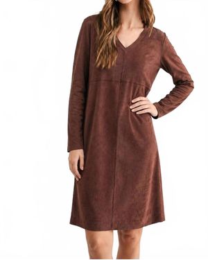 Joh Aurora Suede Long Sleeve V Neck Dress - Brown