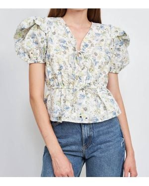 En Saison Eliza Eyelet Blouse In Olive Multi - Blue
