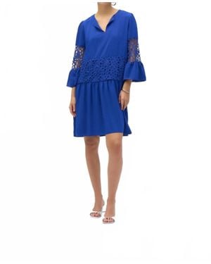 Joseph Ribkoff Laser Cut 3/4 Sleeves A-Line Dress - Blue