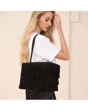 Fashnzfab Layered Ruffle Front Fabric Shoulder Tote Bag - Black