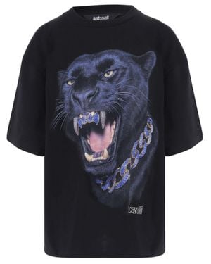 Just Cavalli Cotton T-Shirt With Bold Panther Graphic And Rhinestone Detail - Black