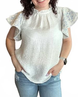 Thml Mixed Media Flutter Sleeve Top - Gray