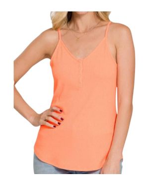 Zenana Ribbed Button V-Neck Tank Top - Orange