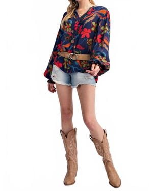 Easel Peach Blossom Floral Gauze Top - Blue