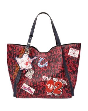 TRUE RELIGION Multi Patch Graphic Tote Bag With Buddha Charm And Adjustable Shoulder Straps - Blue