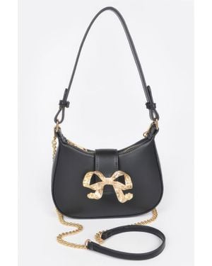 Fashnzfab Vegan Leather Small Hobo Bag W/Metal Ribbon - Black