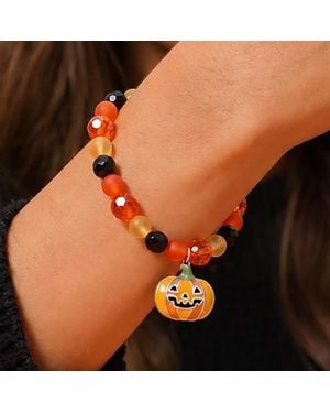 Fashnzfab Halloween Pumpkin Charm Beaded Stretch Bracelet - Orange
