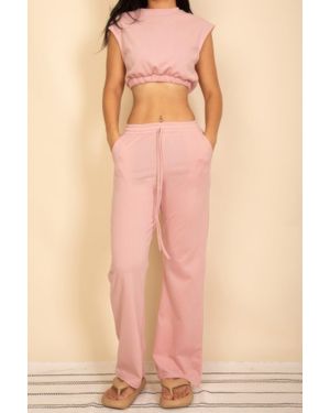 TRUEDAMES Elastic Hem Crop Top & Wide Leg Pants Set With Faux Drawstring - Pink