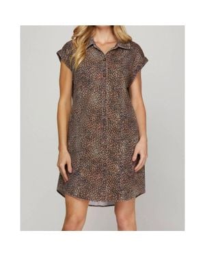 She + Sky Short Sleeve Leopard Twill Washed Shirt Dress With Pocket - Brown