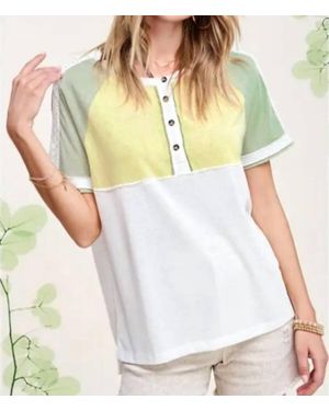 Le Miel Color Block Lace Trim Short Sleeve Top - Yellow